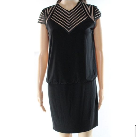 Betsey & Adam Black & Tan Lace Accent Cap Sleeved Shift Dress Size 4 - Picture 1 of 6